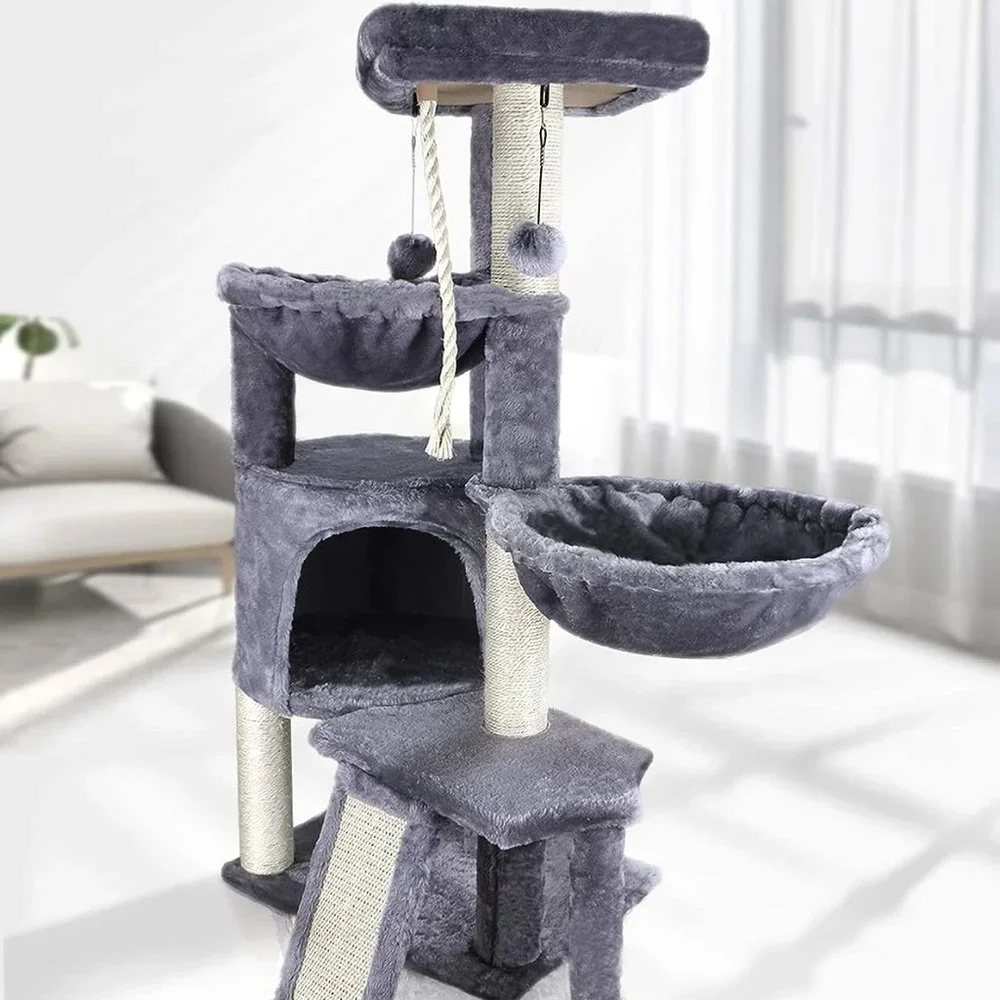 Three Layer Cat Tree with Cat Condo and Two Hammocks, Grey